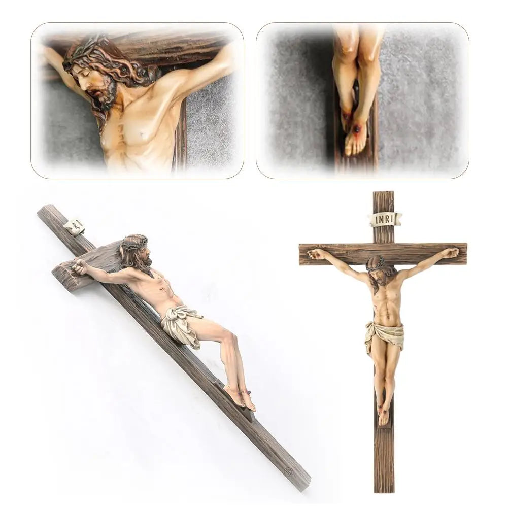 Religious Jesus Cross Crucifix Statue Saint Catholic Figurine Crafts Wall Hanging Ornament for Christian Home Decor