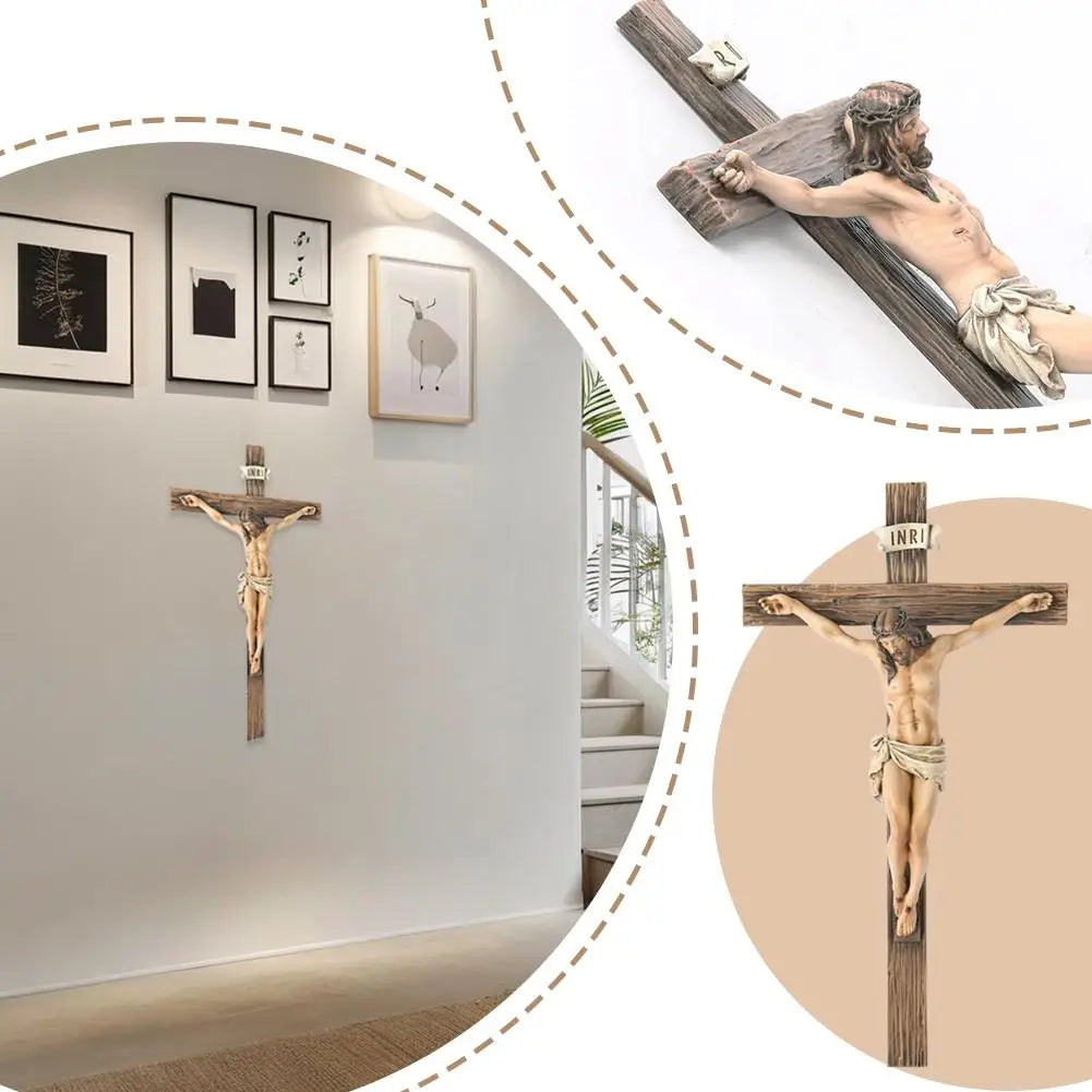 Religious Jesus Cross Crucifix Statue Saint Catholic Figurine Crafts Wall Hanging Ornament for Christian Home Decor