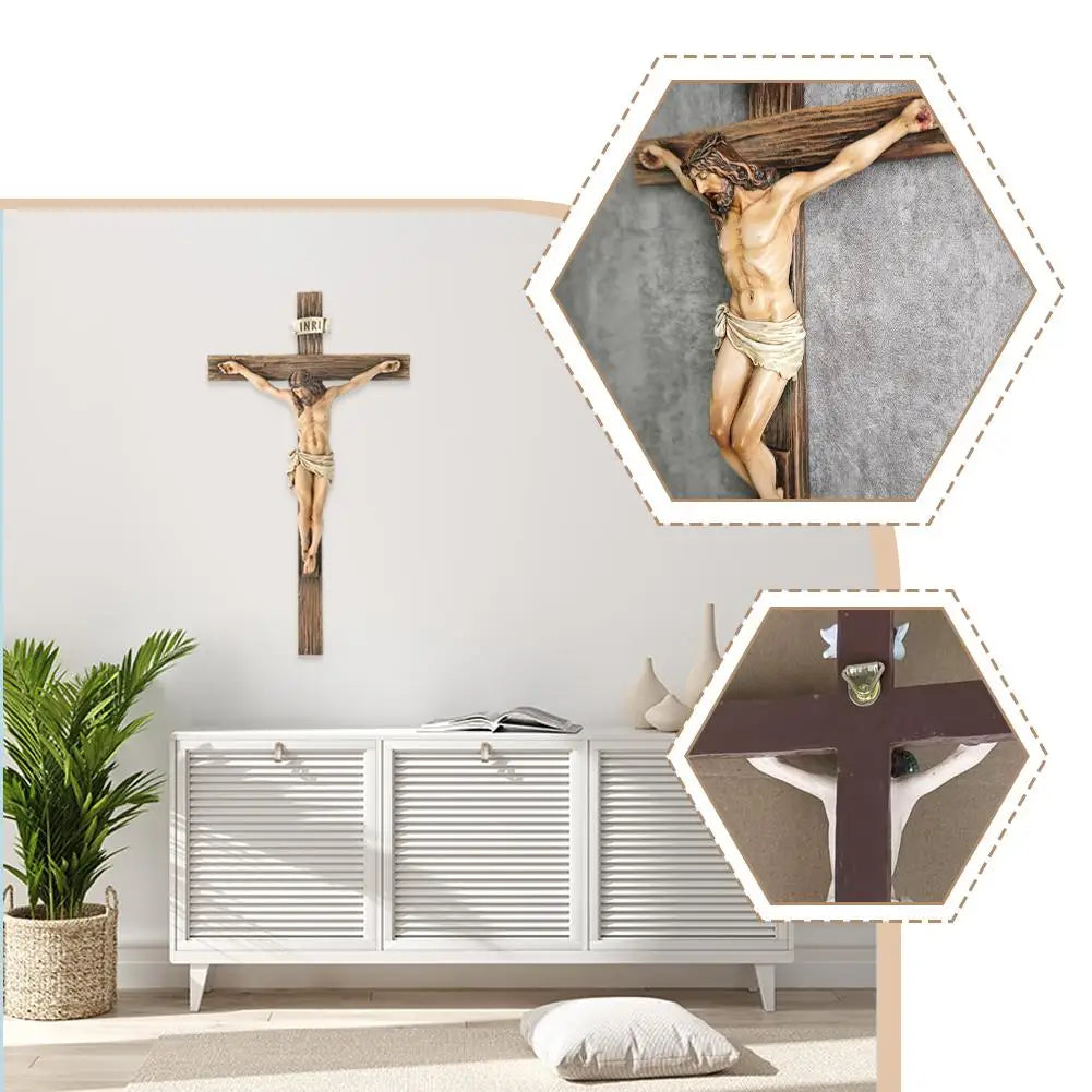 Religious Jesus Cross Crucifix Statue Saint Catholic Figurine Crafts Wall Hanging Ornament for Christian Home Decor