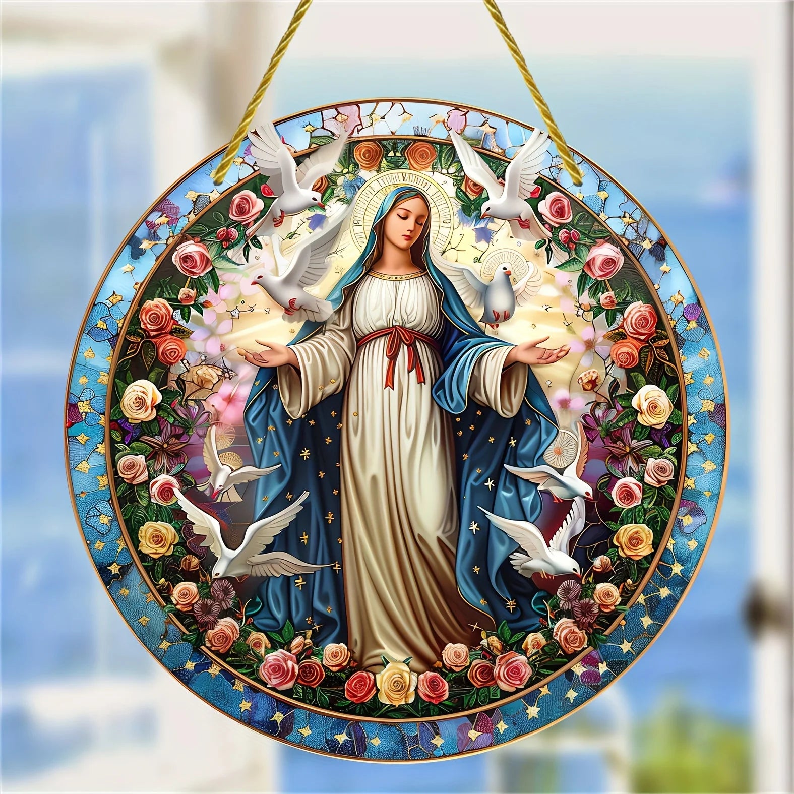Christian Religion Mary Holy Light Ornament, Acrylic Signage, Round Signage, Windows, Porches, Walls, Home, Room Decoration