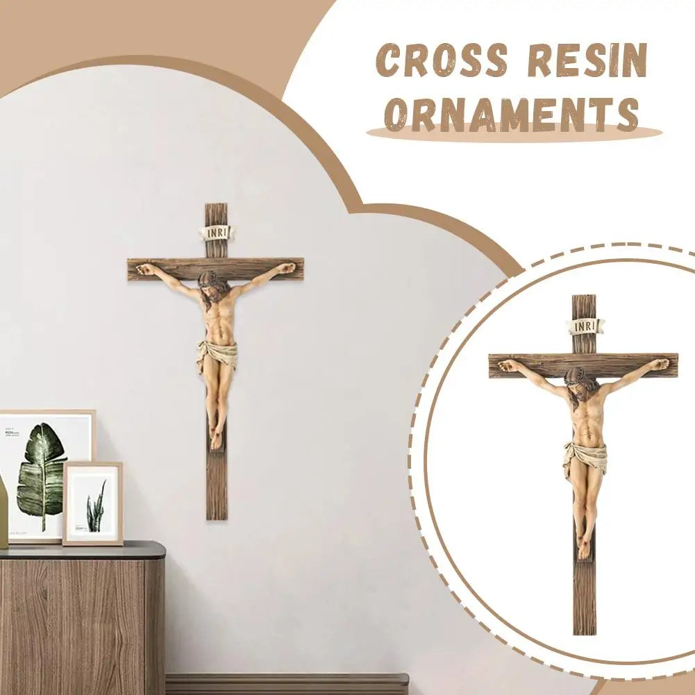 Religious Jesus Cross Crucifix Statue Saint Catholic Figurine Crafts Wall Hanging Ornament for Christian Home Decor
