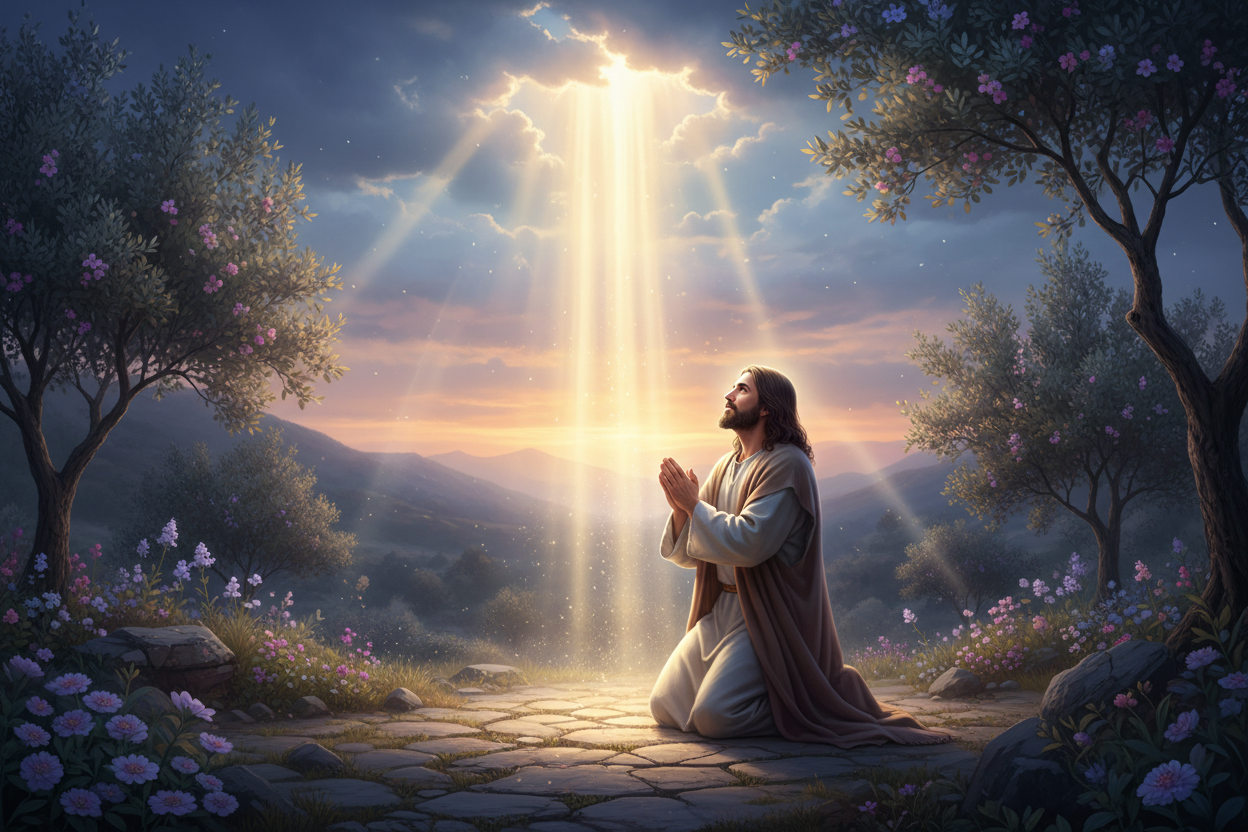 jesus praying  andfrom the sky a light coming down